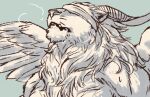  anthro blindfold bodily_fluids body_hair breath chest_hair delicious_in_dungeon digital_media_(artwork) drooling feathered_wings feathers felid fur horn inubikko lion male mammal mane pantherine panting saliva sketch solo winged_lion_(delicious_in_dungeon) wings 