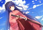  1girl absurdres blue_sky blunt_bangs blush character_request drawing_sword falling_petals fingernails highres holding holding_sword holding_weapon ichima_(pixiv_29147205) japanese_clothes kimono long_hair open_mouth petals pink_kimono purple_eyes red_eyes shikihime_zoushi sky solo sword twintails very_long_hair weapon 