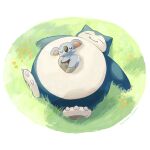  absurdres border claws closed_eyes closed_mouth fangs fangs_out flower grass highres komala lying mokuzou_(moku_ssbu) no_humans on_back pokemon pokemon_(creature) signature sleeping snorlax white_border 