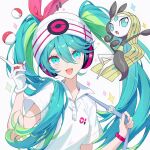 1girl aqua_eyes aqua_hair bag bow bracelet collared_shirt gloves green_hair hair_bow hatsune_miku headband headphones highres holding holding_poke_ball jewelry long_hair looking_at_viewer meloetta meloetta_(aria) multicolored_hair official_alternate_costume open_mouth osage_(8545675) poke_ball poke_ball_(basic) pokemon pokemon_(creature) project_voltage psychic_miku_(project_voltage) red_bow shirt short_sleeves shoulder_bag simple_background single_glove twintails two-tone_hair upper_body vocaloid white_background white_gloves white_headband 