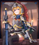  2girls absurdres armor belt black_belt black_thighhighs blue_eyes blurry blurry_background borrowed_character breastplate breasts brown_hair colored_skin gauntlets green_skin grin helmet highres holding holding_sword holding_weapon knight knight_(basedbinkie) long_hair looking_at_viewer medium_breasts multiple_girls original popopoka red_hair short_hair shoulder_plates sitting smile sword teeth thighhighs weapon 