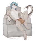  anthro barefoot blue_hair bottomwear clothing feet fish hair hi_res kredri male marine paws shorts sitting smile solo tail toes 