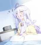  !? ... ...! ...? 1girl absurdres ahoge alarm_clock blanket blush clock collared_shirt cube drooling gradient_hair henya_the_genius highres jacket long_bangs long_hair looking_at_viewer mouth_drool multicolored_hair open_mouth purple_hair shirt sidelocks solo ugaaaa5 virtual_youtuber vshojo white_shirt yellow_eyes yellow_jacket 