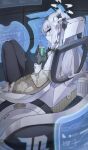 1girl absurdres barefoot black_gloves black_leggings blue_archive can commentary gloves grey_hair halo highres himari_(blue_archive) holding holding_can holographic_monitor indoors knees_up leggings looking_at_viewer mole mole_under_eye pointy_ears sentter sideways_glance sitting smile solo wheelchair 