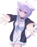  1girl :3 :d absurdres ahoge animal_ear_fluff animal_ears backlighting black_choker black_sweater blush cardigan cat_ears cat_girl cat_tail choker collared_shirt commentary cowboy_shot crossed_bangs hair_between_eyes highres hololive incoming_hug light_purple_hair looking_at_viewer nekomata_okayu open_cardigan open_clothes open_mouth outstretched_arms purple_eyes purple_fur purple_ribbon ribbon shirt sidelocks sleeves_past_wrists slit_pupils smile solo spiked_hair standing sweater tail togemaru34 virtual_youtuber white_shirt 