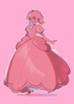  1girl brooch crown dress earrings elbow_gloves full_body gloves highres jewelry looking_at_viewer mario_(series) pink_background pink_dress pink_footwear pink_gloves pink_gold_peach pink_theme princess_peach puffy_short_sleeves puffy_sleeves saiwo_(saiwoproject) short_sleeves simple_background solo sphere_earrings 