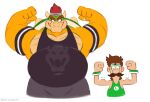  2023 accessory anthro armband barazoku belly biceps big_belly big_biceps big_muscles bottomwear bowser bowser_day claws clothed clothing duo emanata eyebrows facial_hair flexing front_view hair headband hi_res horn huge_muscles human koopa larger_anthro logo looking_at_viewer luigi male mammal manly mario_bros musclegut muscular muscular_anthro muscular_male mustache nintendo overweight overweight_anthro overweight_male pants pecs scalie shell shirt simple_background size_difference smaller_human smile spiked_shell spikes spikes_(anatomy) splashburr standing tank_top text topwear url white_background wristband 