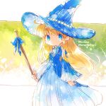  1girl blonde_hair blue_dress blue_eyes blue_headwear blue_ribbon closed_mouth commentary_request dated_commentary dress frilled_sleeves frills green_background hat holding layered_dress long_dress long_hair long_sleeves madou_monogatari neck_ribbon outside_border pillarboxed puyopuyo rakuni ribbon romaji_text sidelocks solo star_(symbol) wide_sleeves witch_(puyopuyo) witch_hat 
