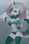  2023 anthro beverage breasts canid canid_demon cleavage clothed clothing demon drinking female fur grey_body grey_fur headphones headphones_around_neck hellhound helluva_boss looking_at_viewer loona_(helluva_boss) mammal miles_df multicolored_body multicolored_fur solo white_body white_fur 