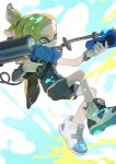  1boy aiming arm_warmers asymmetrical_bangs black_shorts black_vest black_wristband blonde_hair closed_mouth commentary_request e-liter_4k_(splatoon) eyebrow_cut eyebrow_piercing grey_eyes gun hair_ornament hands_up high_tops highres holding holding_gun holding_weapon inkling inkling_boy male_focus one_eye_closed p-pepper paint_on_body paint_on_clothes paint_splatter paint_splatter_on_face parted_bangs piercing ponytail shirt shoes shorts simple_background single_arm_warmer single_sidelock sleeveless sleeveless_shirt sneakers solo spikes splatoon_(series) splatoon_3 tentacle_hair thick_eyebrows v-shaped_eyebrows vest weapon white_background white_footwear white_shirt wristband zipper 