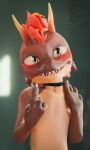  3d_(artwork) anthro blender_(software) blush choker digital_media_(artwork) hair hi_res horn jewelry male necklace red_hair scalie_schoolie screelee sharp_teeth solo teeth webcomic 