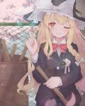  1girl ;) absurdres barrel black_headwear black_jacket blonde_hair bow bowtie braid closed_mouth commentary hair_bow hat hat_bow highres jacket jewelry kirisame_marisa long_hair long_sleeves looking_at_viewer matcha_yado mini-hakkero one_eye_closed outdoors pendant pentagram red_bow red_bowtie side_braid single_braid smile solo touhou v white_bow witch_hat yellow_eyes 