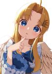  1girl ahoge blonde_hair blue_bow blue_eyes bow commentary feathered_wings finger_to_own_chin firo_(tate_no_yuusha_no_nariagari) highres long_hair looking_at_viewer parted_lips quasar631 simple_background solo tate_no_yuusha_no_nariagari white_background white_wings wings 