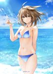  1girl arknights bangs bare_arms bare_shoulders bikini blue_bikini blue_sky breasts brown_eyes brown_hair cleavage cloud commentary_request cowboy_shot day glasses hair_between_eyes highres holding holding_eyewear medium_breasts navel partial_commentary short_hair silence_(arknights) sky solo sparkle standing stomach swimsuit thighs water yokaze_(yokajie) 