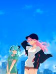 2girls aikawa_megumi arm_at_side baseball_cap black_bow black_hairband black_headwear black_jacket blue_hair blue_sky bow bracelet breasts brown_shorts clear_sky cloud collarbone cowboy_shot day drawstring floating_hair green_eyes green_hoodie hair_between_eyes hair_bow hairband hand_in_own_hair hat heaven_burns_red highres hood hood_down hoodie jacket jewelry legs_together long_bangs long_hair looking_ahead looking_at_another medium_breasts multiple_girls off_shoulder one_eye_closed open_clothes open_jacket outdoors own_hands_together pink_hair print_hoodie rumi_(heaven_burns_red) shirt short_shorts shorts sidelocks sky striped striped_jacket thighs watameki_(pixiv_33969409) white_shirt 