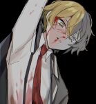  1boy black_coat blonde_hair blood blood_on_face coat highres limbus_company long_sleeves male_focus mu46016419 necktie parted_lips partially_colored project_moon red_necktie shirt sinclair_(limbus_company) solo suspenders tears white_shirt yellow_eyes 
