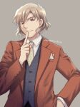  1boy absurdres benno_(honzuki_no_gekokujou) black_vest dated formal grey_background hand_on_own_hip highres honzuki_no_gekokujou index_finger_raised light_brown_hair long_sleeves male_focus necktie pocket_square red_eyes red_suit short_hair simple_background smile suit upper_body vest yuuko24 