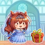 1girl an_oath_to_my_dear_challengers_(umamusume) animal_ears antenna_hair blue_dress blush_stickers box bridal_veil brown_hair chibi collarbone commentary daiwa_scarlet_(something_blue)_(umamusume) daiwa_scarlet_(umamusume) dress fang flower gift gift_box hair_between_eyes hair_flower hair_intakes hair_ornament horse_ears horse_girl horse_tail lace-trimmed_veil lace_trim layered_dress long_hair mbd_liangcha off-shoulder_dress off_shoulder official_alternate_costume official_alternate_hairstyle open_mouth outline pink_flower pink_rose purple_eyes rose solo tail tiara twitter_username umamusume veil wedding_dress 