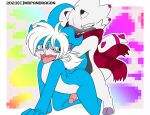  anal anthro bandai_namco blush digimon digimon_(species) duo erection from_behind_position gammamon genitals hair hi_res horn male male/male mrpandragon penis scalie scarf sex short_stack tail tail_hug veemon white_hair 