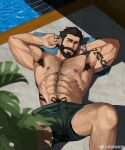  1boy abs absurdres akunaakun_(kunkun586586) arm_tattoo armpit_hair bara black_hair chest_hair graves_(league_of_legends) green_male_swimwear highres large_pectorals league_of_legends lying male_focus male_swimwear muscular muscular_male navel navel_hair nipples official_alternate_costume on_back pectorals pool_party_graves short_hair solo tattoo watch wristwatch 