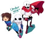  1other 2boys bano_akira blue_jacket blue_sweater boots brown_footwear brown_hair brown_shorts closed_eyes frisk_(undertale) gloves grin jacket long_sleeves looking_at_viewer multiple_boys open_mouth papyrus_(undertale) pink_footwear red_gloves red_scarf sans scarf short_hair shorts simple_background skeleton slippers smile standing striped striped_sweater sweater undertale white_background white_sweater 