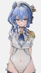  1girl alternate_costume appleseed_(appleseed_art) ascot blue_ascot blue_eyes blue_hair blush bow choker commentary covered_navel cropped_shirt crossed_bangs crown epaulettes gloves hair_between_eyes hair_bow hat highres hip_bones hololive hoshimachi_suisei leotard looking_at_viewer mini_crown navel side_ponytail sidelocks solo star-shaped_pupils star_(symbol) star_choker symbol-only_commentary symbol-shaped_pupils virtual_youtuber white_leotard 
