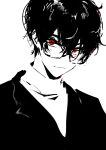  1boy absurdres amamiya_ren closed_mouth glasses greyscale hair_between_eyes highres jacket looking_at_viewer male_focus monochrome persona persona_5 red_eyes school_uniform shuujin_academy_school_uniform simple_background solo spot_color suechiee upper_body 