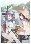  2girls absurdres animal_ears bag bare_shoulders bikini bird black_hair black_headwear blue_archive blue_bikini blue_eyes blue_jacket blush braid breasts crocs cropped_jacket duffel_bag fake_animal_ears hairband halo hat highres jacket large_breasts leaf_print long_hair long_sleeves looking_at_viewer miyu_(blue_archive) miyu_(swimsuit)_(blue_archive) multicolored_clothes multicolored_jacket multiple_girls navel official_alternate_costume open_mouth print_bikini purple_hair rabbit_ears red_eyes saki_(blue_archive) saki_(swimsuit)_(blue_archive) seagull short_hair sidelocks sitting small_breasts snorkel squatting straw_hat swimsuit tena_(tenor_07209) twin_braids two-tone_jacket white_bikini white_jacket 