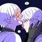  ... 2boys ? asuka_r._kreutz black_background black_gloves clone closed_mouth colored_eyelashes compass_rose_halo eyepatch gloves guilty_gear guilty_gear_strive halo kiss kissing_forehead looking_at_another male_focus multiple_boys short_hair simple_background tb_(spr1110) upper_body white_hair yellow_eyes 