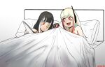  2girls black_hair blanket blonde_hair closed_mouth dated fang girls&#039;_frontline headgear heterochromia highres lifting_covers long_hair looking_at_another lying m4_sopmod_ii_(girls&#039;_frontline) multicolored_hair multiple_girls on_bed open_mouth pillow radish_p red_eyes red_hair ro635_(girls&#039;_frontline) streaked_hair under_covers white_hair yellow_eyes 