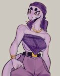  anthro bottomwear bracelet breasts bunnyboogi clothed clothing digital_media_(artwork) exposed_breasts female hi_res jewelry necklace pants reptile ring scalie snake solo 