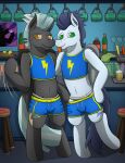  absurd_res bar blue_clothing bottomwear clothing crop_top duo equid equine feral friendship_is_magic hasbro hi_res horse hotpants inviting jockstrap looking_at_viewer male male/male mammal midriff my_little_pony navel pegasus pony shirt shorts smile soarin_(mlp) standing tacomytaco thunderlane_(mlp) topwear underwear wings wonderbolts_(mlp) 