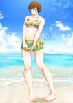  1girl artist_logo artist_name bare_legs bare_shoulders barefoot beach bikini blue_sky blush breasts brown_eyes closed_mouth cloud cloudy_sky collarbone commentary english_commentary feet green_shorts highres large_breasts legs looking_at_viewer mastersickart navel ocean outdoors parted_bangs persona persona_4 satonaka_chie shadow shiny_skin short_hair short_shorts shorts sky solo striped striped_bikini swept_bangs swimsuit thighs toenails toes water 