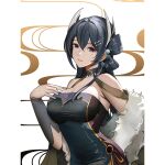  1girl arknights bare_shoulders black_dress black_eyes black_hair breasts cantabile_(arknights) cantabile_(illumination_that_of_daylights)_(arknights) commentary_request dress fur_trim hair_between_eyes highres large_breasts long_hair looking_at_viewer mole mole_under_eye notgustiarp off_shoulder official_alternate_costume smile solo strapless strapless_dress upper_body very_long_hair white_background 