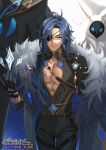  1boy abyss_mage_(genshin_impact) bishounen black_gloves blue_eyes blue_hair cowboy_shot dark-skinned_male dark_skin eyepatch fur_collar genshin_impact gloves hand_up highres long_hair ngkhyn open_clothes smile solo_focus toned toned_male 
