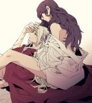  2girls bare_legs blanket brown_hair dorothea_arnault earrings edelgard_von_hresvelg fire_emblem fire_emblem:_three_houses hand_on_another&#039;s_head highres jewelry long_hair multiple_girls nude off_shoulder open_clothes open_robe purple_ribbon ribbon robe scar simple_background vndghktjfdnjf white_hair yuri 