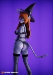  3d_(artwork) absurd_res anthro black_clothing boots breasts clothing digital_media_(artwork) felid female footwear genitals hair halloween_costume hat headgear headwear hi_res holidays lingerie magic_user mammal momo_(monarquis) monarquis nude pantherine pussy red_hair simple_background snow_leopard solo witch witch_costume witch_hat 