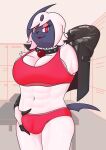  2023 abs absol absurd_res anthro beauty_mark big_breasts big_bulge black_clothing black_jacket black_nose black_topwear blue_body blue_skin blue_tail breast_squish breasts bulge bulge_grab cleavage clothed clothing collar eyelashes eyeshadow fan_character fingerless_(marking) fur generation_3_pokemon genital_outline graycatluna gynomorph hand_behind_head hi_res horn inside intersex jacket lipstick locker_room makeup mammal markings mole_(marking) muscular muscular_gynomorph muscular_intersex navel nintendo panties partially_clothed penis_outline pink_eyeshadow pokemon pokemon_(species) pokesona_(drgnbeauty) portrait red_clothing red_eyes red_panties red_shirt red_topwear red_underwear shirt shoulder_tuft solo squish sweaty_abs tail three-quarter_portrait topwear tuft underwear white_body white_fur 