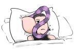  1boy 1girl annoyed ass cat_girl cat_tail cheshire_cat_(monster_girl_encyclopedia) latenight monster_girl monster_girl_encyclopedia no_panties original pillow portal_(object) purple_fur purple_hair striped_tail tail tail_wrap trolling under_covers 