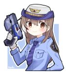  1girl alternate_costume blue_necktie brown_eyes brown_hair crossed_bangs double-parted_bangs gloves gun gyaheung hair_between_eyes handgun hat hololive hololive_english multicolored_hair nanashi_mumei necktie police police_badge police_hat police_uniform policewoman simple_background smile streaked_hair uniform virtual_youtuber weapon white_gloves 