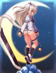  1girl ass bell black_socks body_markings cat_girl cat_tail closed_mouth commentary cougar_(cougar1404) crescent_moon cut_cat from_behind full_body grey_hair jacket jingle_bell light_frown long_hair long_sleeves looking_at_viewer looking_back moon night night_sky no_pants outdoors panties shoes silui_(cut_cat) sky socks solo standing standing_on_one_leg star_(sky) starry_sky sword tail tan thigh_strap tiger_stripes underwear weapon white_footwear white_jacket white_panties wind yellow_eyes 