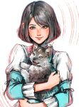  1girl aged_down animal closed_mouth commentary dog dress final_fantasy final_fantasy_xvi grey_eyes grey_hair high_collar highres holding holding_animal holding_dog jill_warrick juliet_sleeves light_blush long_sleeves looking_at_viewer puffy_sleeves short_hair signature simple_background smile swept_bangs symbol-only_commentary torgal_(ff16) upper_body white_dress xriviia 