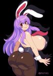  1girl animal_ears areola_slip ass back black_background breasts cowboy_shot from_behind huge_breasts long_hair looking_at_viewer looking_back necktie pixel_art playboy_bunny purple_hair rabbit_ears rabbit_tail red_eyes red_necktie reisen_udongein_inaba rivyk1 sideboob smile solo tail touhou wrist_cuffs 