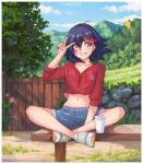  1girl ahoge artist_name bench between_legs black_hair blue_shorts blue_sky blush casual cloud collarbone commission crop_top cup dated day denim denim_shorts disposable_cup drawstring drink drinking_straw floating_hair foliage full_body gate grass grin hand_between_legs hand_up highres indian_style kill_la_kill kite lace-up light_blush looking_to_the_side matoi_ryuuko midriff mountain multicolored_hair nail_polish navel on_bench outdoors paw_print purple_eyes red_hair red_nails red_shirt shirt shoes short_hair short_shorts shorts sitting sitting_on_bench sky smile sneakers solo stone_wall streaked_hair tree two-tone_hair v viimacry wall white_footwear wind 