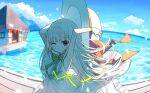  1girl ;o armpits arms_up blue_sky bow building cloud commentary_request day dress fisheye floating_hair green_bow green_ribbon hat hat_removed headwear_removed healer_girl_(yuuhagi_(amaretto-no-natsu)) holding holding_clothes holding_hat horizon long_hair looking_at_viewer ocean one_eye_closed original outdoors parted_lips pennant petals purple_eyes ribbon sky sleeveless sleeveless_dress solo sun_hat very_long_hair water white_dress white_hair white_headwear window yuuhagi_(amaretto-no-natsu) 