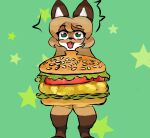  absurd_res anthro averi_(fiddleafox) brown_body brown_fur burger canid canine clothing costume female female_anthro food fox fur green_eyes hair hi_res leg_markings mammal markings simple_background socks_(marking) solo unknown_artist white_body white_fur 