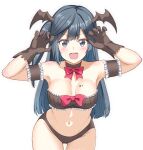  1girl arm_garter arms_up ass_visible_through_thighs black_choker black_gloves black_hair bow bowtie breasts breasts_apart choker claw_pose commentary_request commission cowboy_shot demon_wings gloves grey_eyes head_wings highres love_live! love_live!_nijigasaki_high_school_idol_club medium_breasts navel one_side_up onpu_(ghkc2238) open_mouth pixiv_commission red_bow red_bowtie simple_background solo star_sticker strapless tube_top white_background wings yuuki_setsuna_(love_live!) 