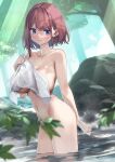  1girl absurdres baffu bare_shoulders blue_eyes blush breasts brown_hair collarbone convenient_censoring covering forest highres hitoyo_(baffu) holding holding_towel large_breasts nature navel nude nude_cover original outdoors short_hair smile solo standing thighs towel wading water wet 
