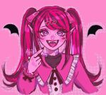  1girl arttsuu bandaid bat_wings black_hair colored_skin cosplay draculaura facial_tattoo fangs hatsune_miku hatsune_miku_(cosplay) highres monster_high pink_background pink_hair pink_skin pointy_ears purple_eyes striped_hair tattoo twintails vampire vampire_(vocaloid) vocaloid wings 