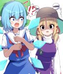  !? 2girls animal_print blonde_hair blue_eyes blue_hair blue_serafuku blue_skirt blush bow brown_headwear cirno collarbone darumoon detached_wings fairy false_smile frog_print green_bow hair_between_eyes hair_bow hat high-waist_skirt highres ice ice_wings long_hair long_sleeves moriya_suwako multiple_girls open_mouth purple_skirt purple_vest sailor_collar school_uniform serafuku shaded_face shirt short_hair short_sleeves simple_background skirt smile touhou vest white_background white_sailor_collar white_shirt wings 